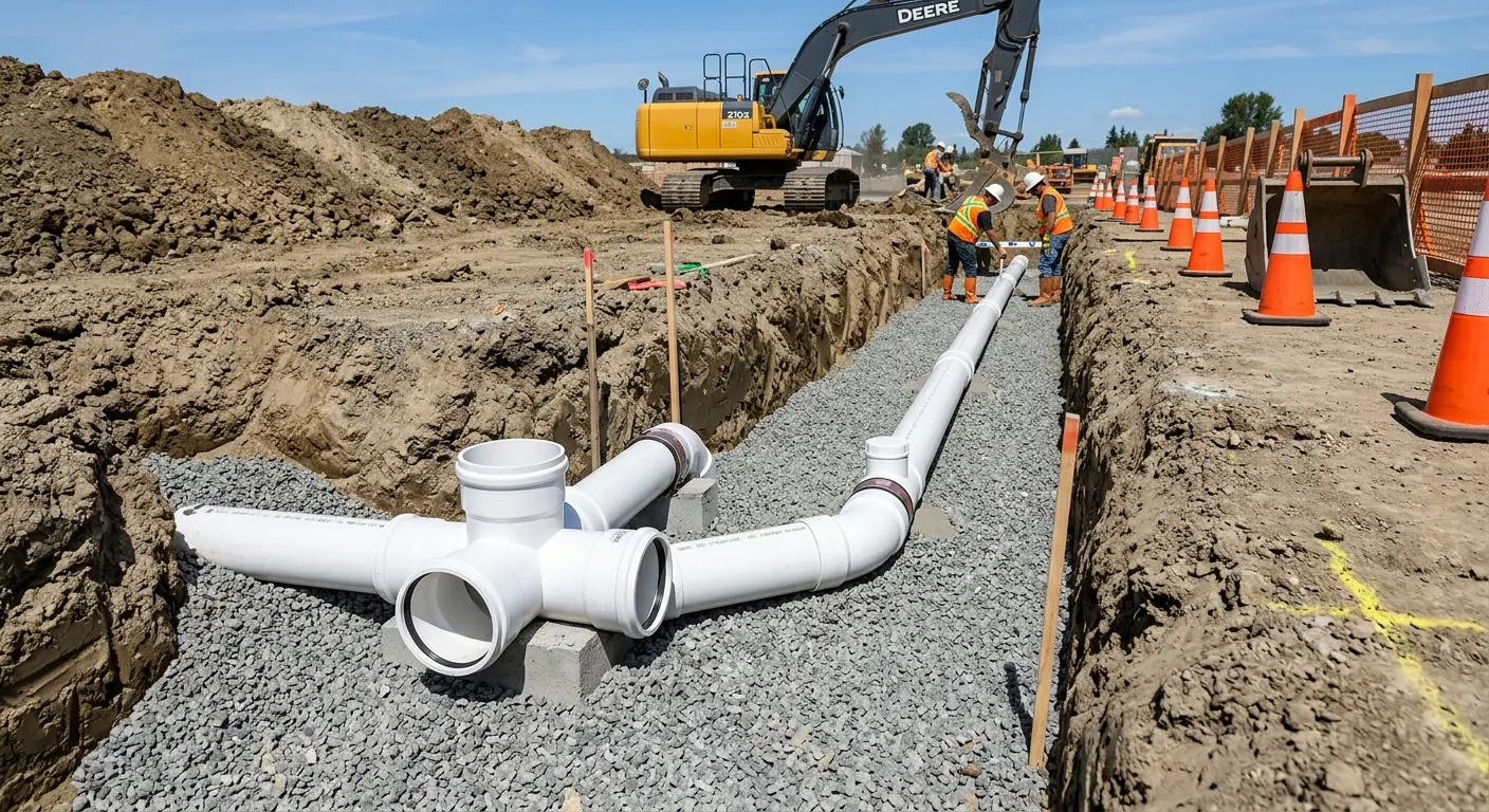 New PVC sewer pipe installation in open trench for Commercial Drain Cleaning in Cape Coral