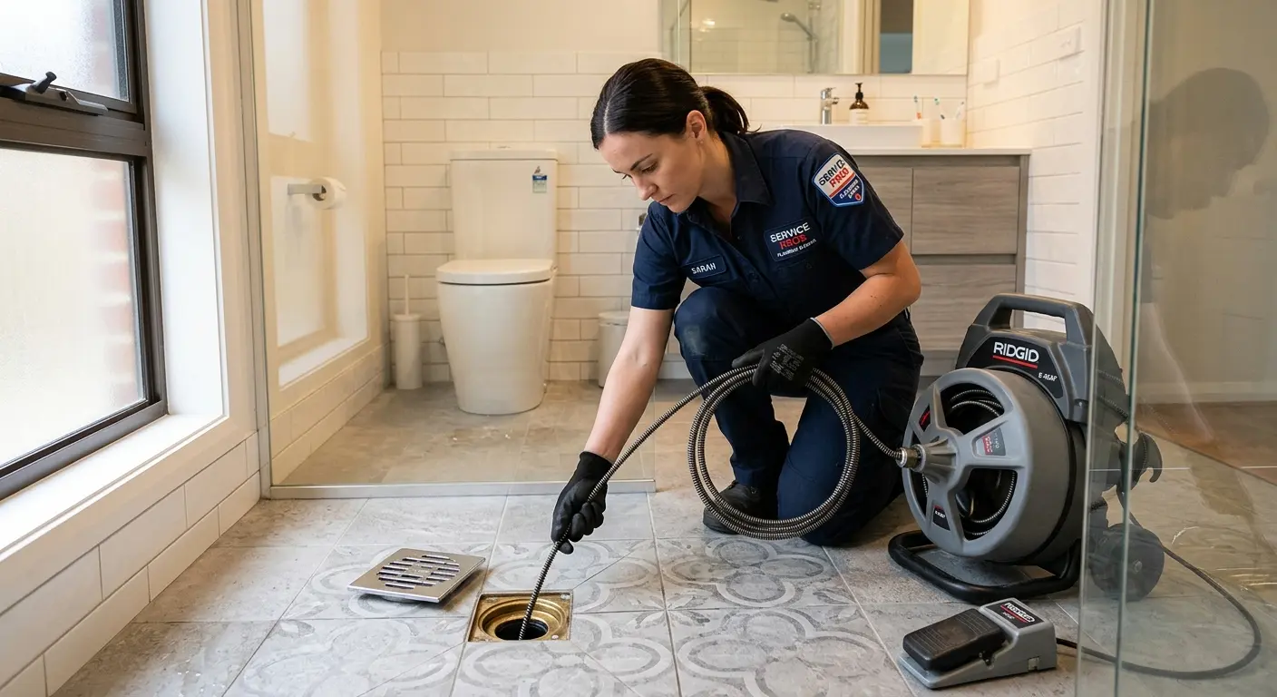 Technician clearing a bathroom floor drain for Hydro Jetting in Cape Coral